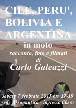 Locandina dell’incontro sulle avventure di Carlo Galeazzi in moto in Sudamerica