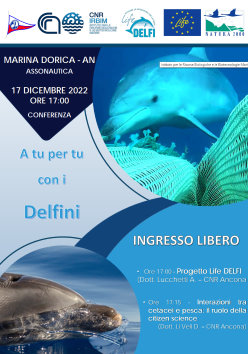 Locandina conferenza sui delfini a cura del CNR IRBIM dott. Alessandro Lucchetti e dott. Daniel Li Veli