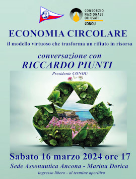 Locandina incontro su economia circolare con Riccardo Piunti, CONOU